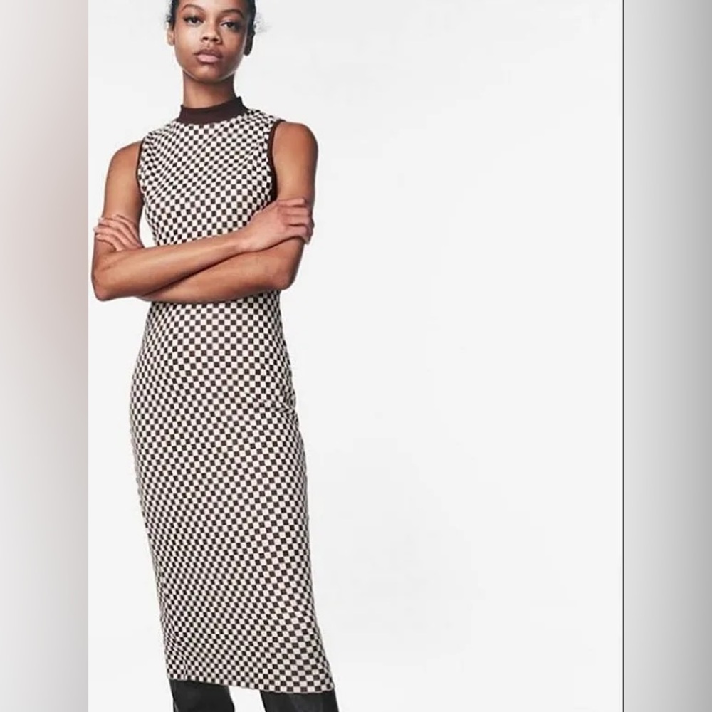 Zara NWT Brown and Cream Checkered Sleeveless Midi Dress - Size Small